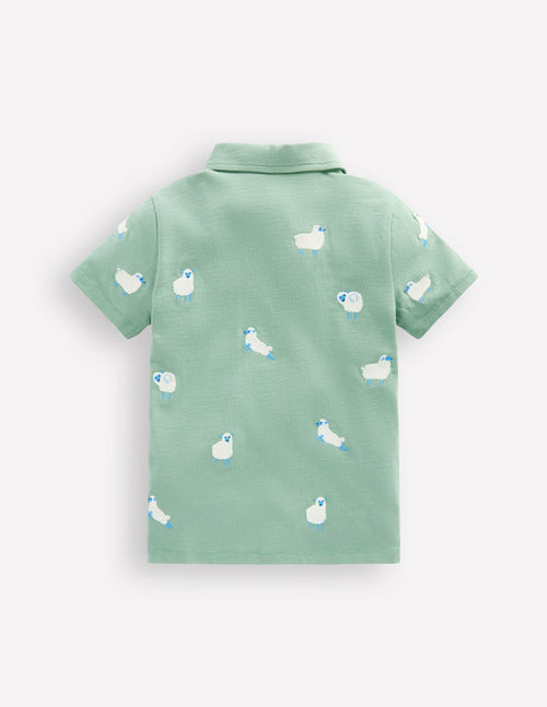 Embroidered Slub Polo Shirt-Green Sheep