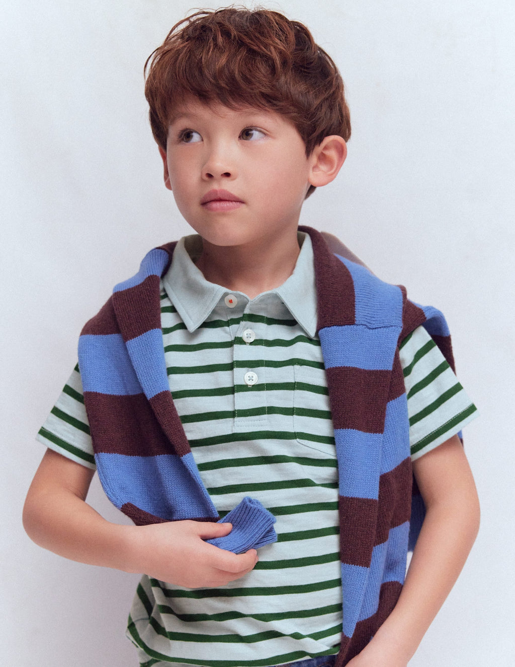 Slub Polo Shirt-Misty Blue/ Pine Green