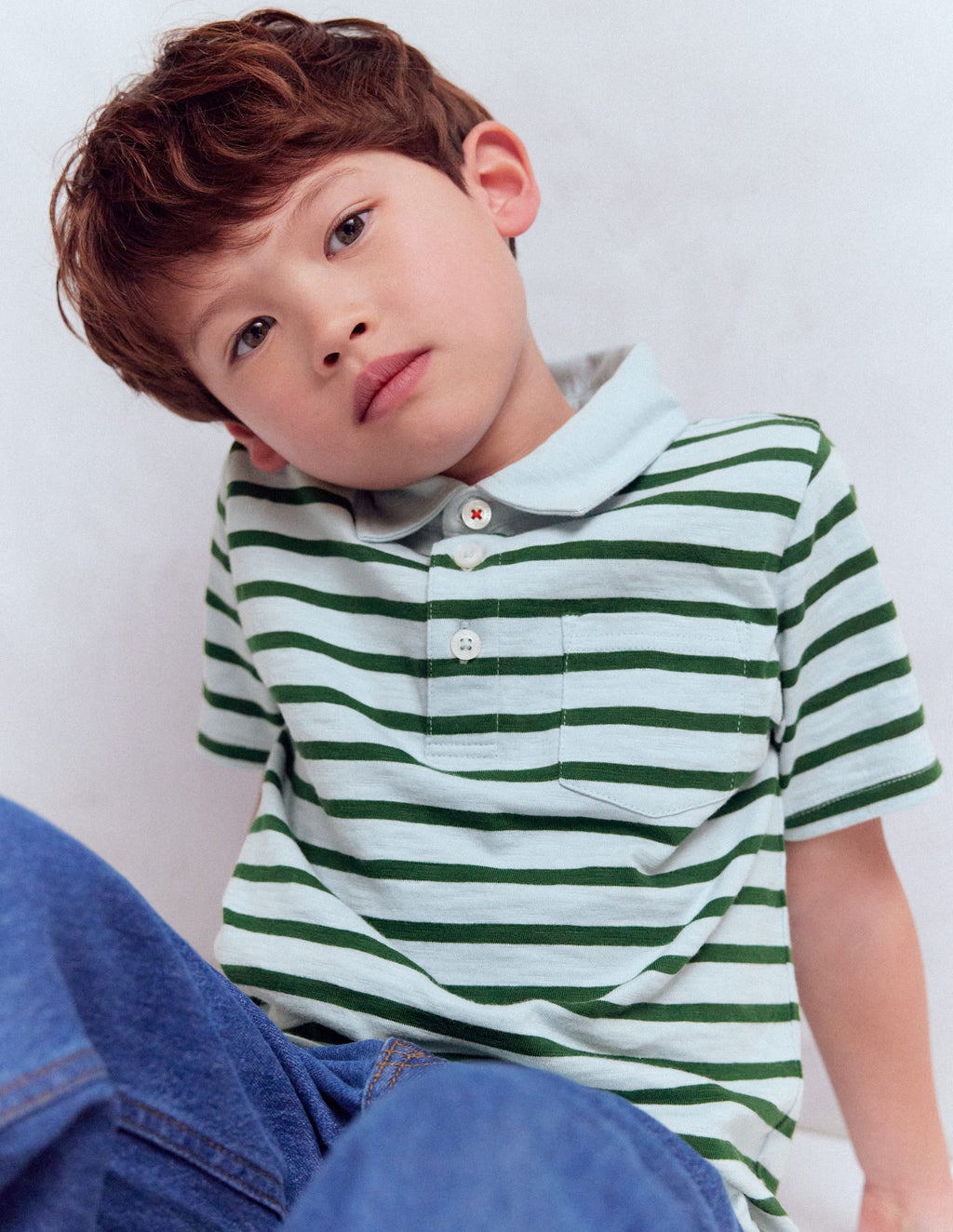 Slub Polo Shirt-Misty Blue/ Pine Green